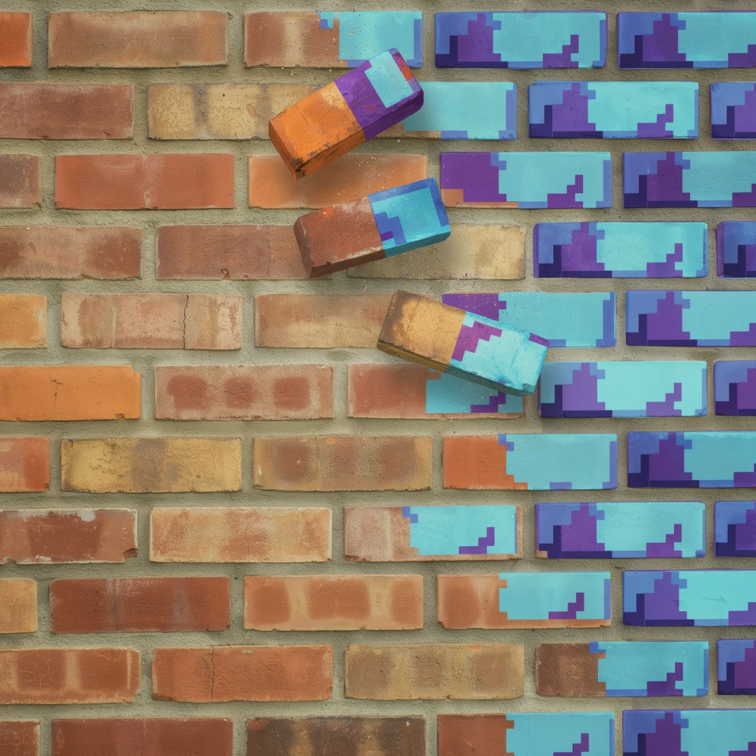 Illustration of a red brick wall in stretcher bond, with realistic weathered brickwork on the left gradually breaking apart into chunky 8-bit pixel blocks in Commodore 64 blues and purples on the right.