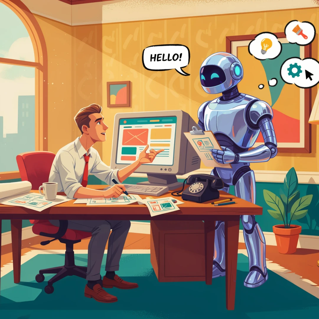 Illustration of a web designer at his desk discussing website layout designs with a friendly AI robot assistant, representing human creative direction and AI collaboration in web design.