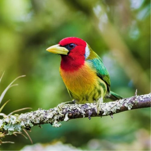 A vibrantly colored bird with red, yellow, and green plumage perched on a mossy limb.