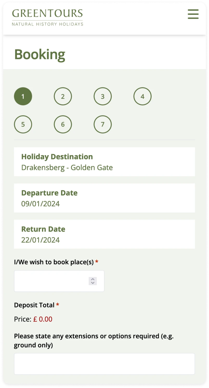Screenshot demonstrating the online booking interface for Greentours.