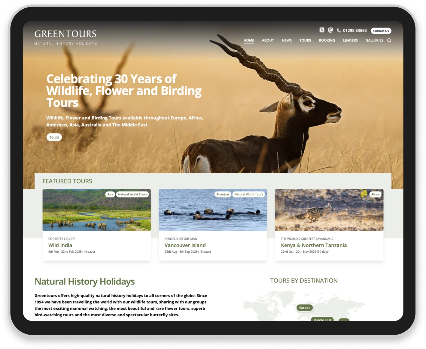 Greentours homepage screenshot showcasing nature-focused tours.