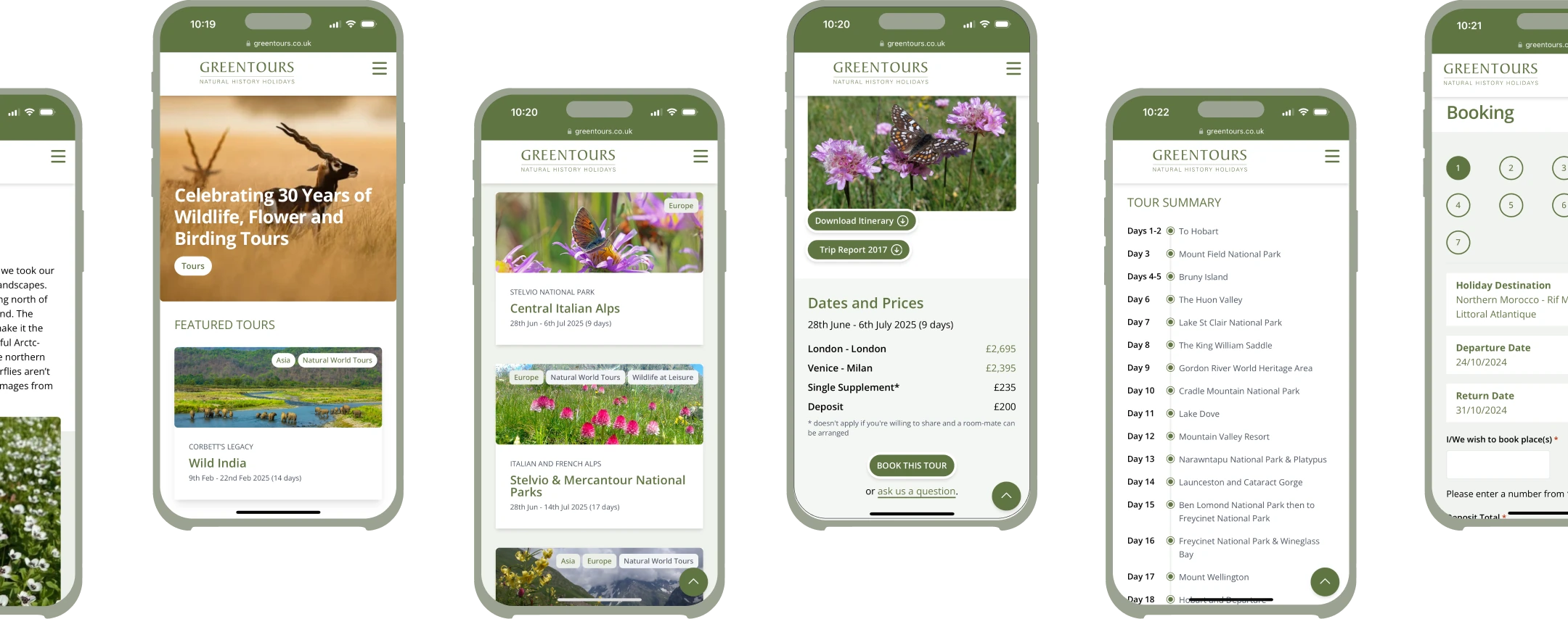 Various interior pages of the Greentours website design.