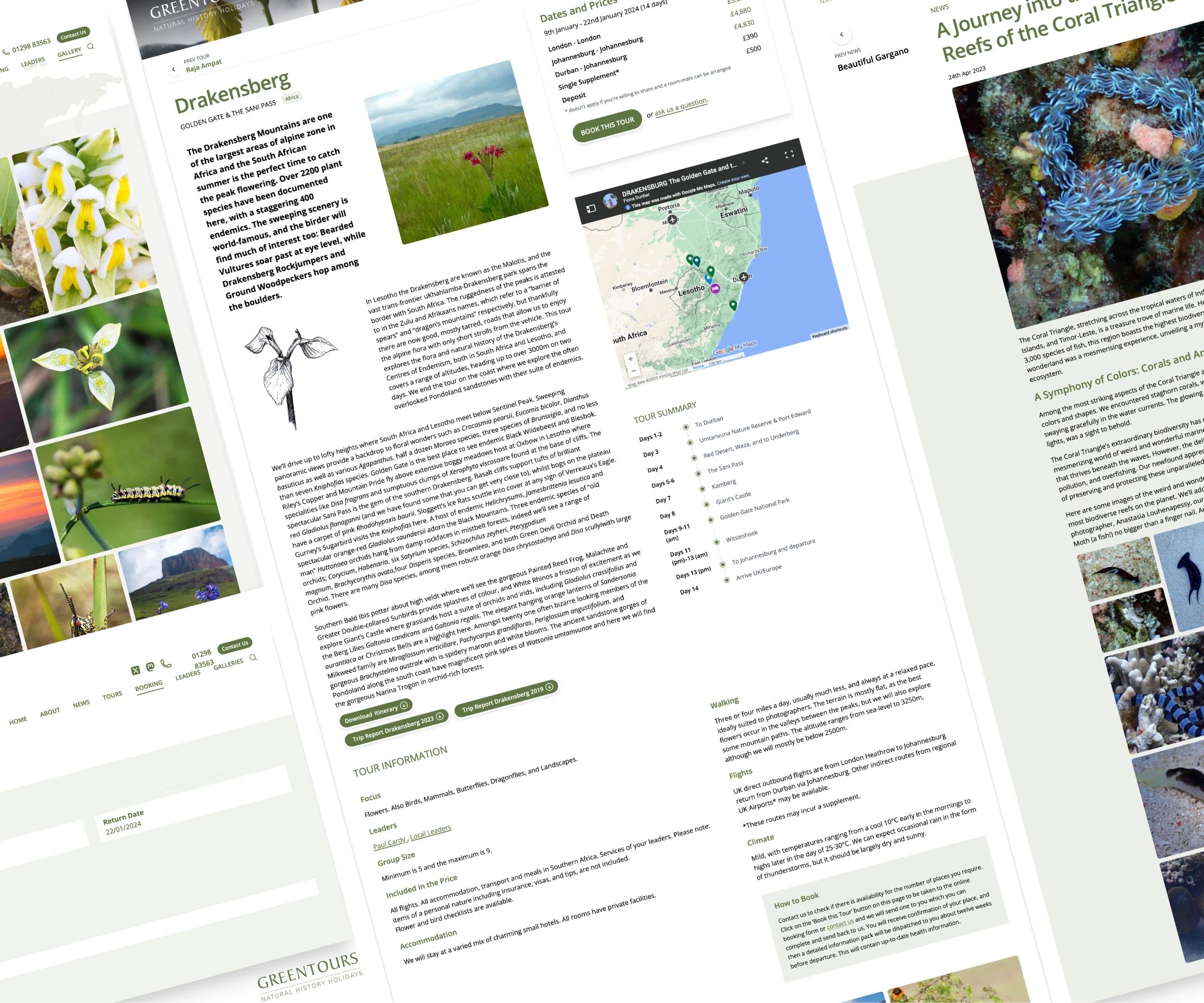 Greentours website design featuring detailed tour pages and nature photography.