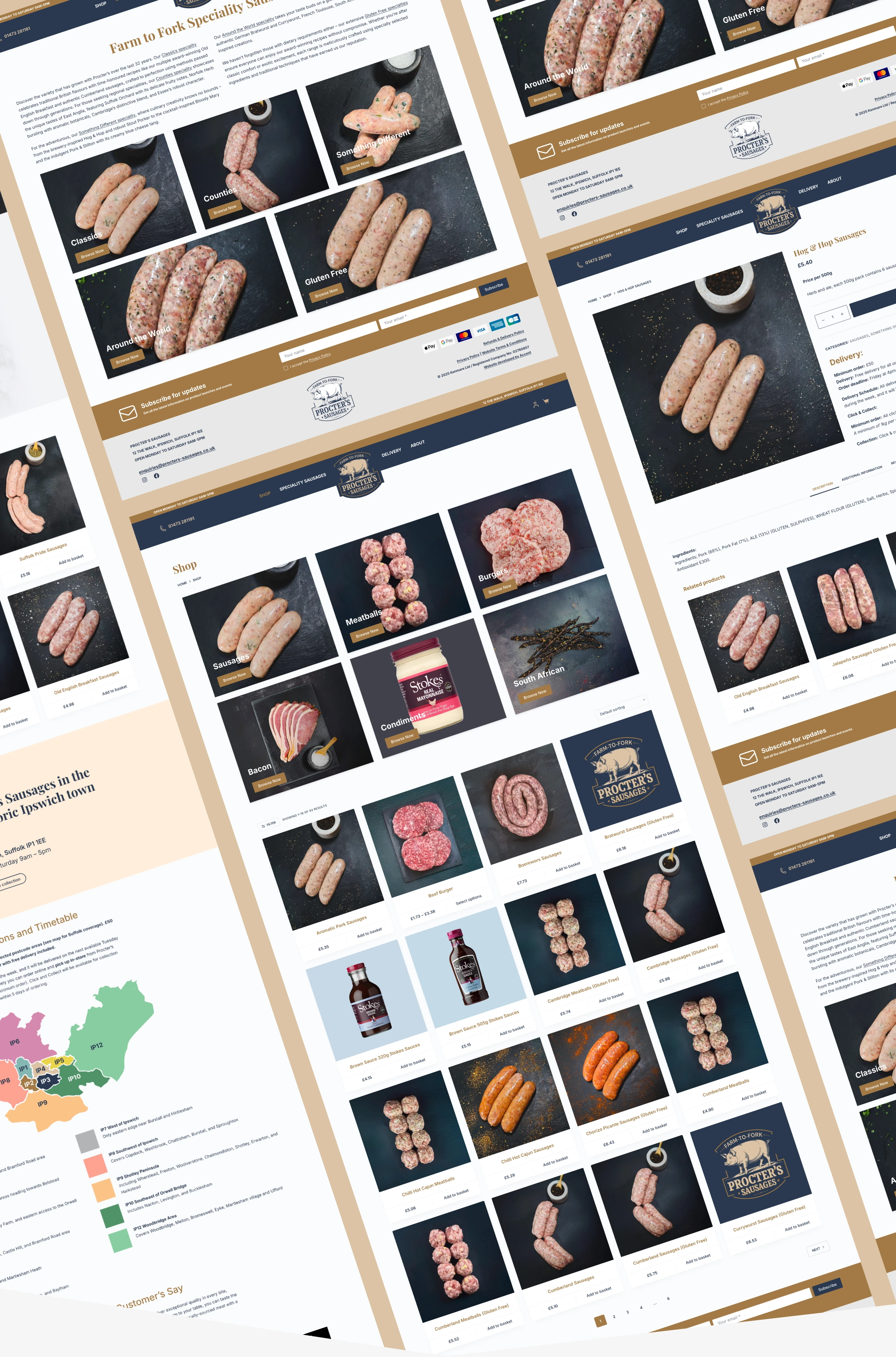 Procter's Sausages WooCommerce website design featuring farm-to-fork storytelling and product listings.