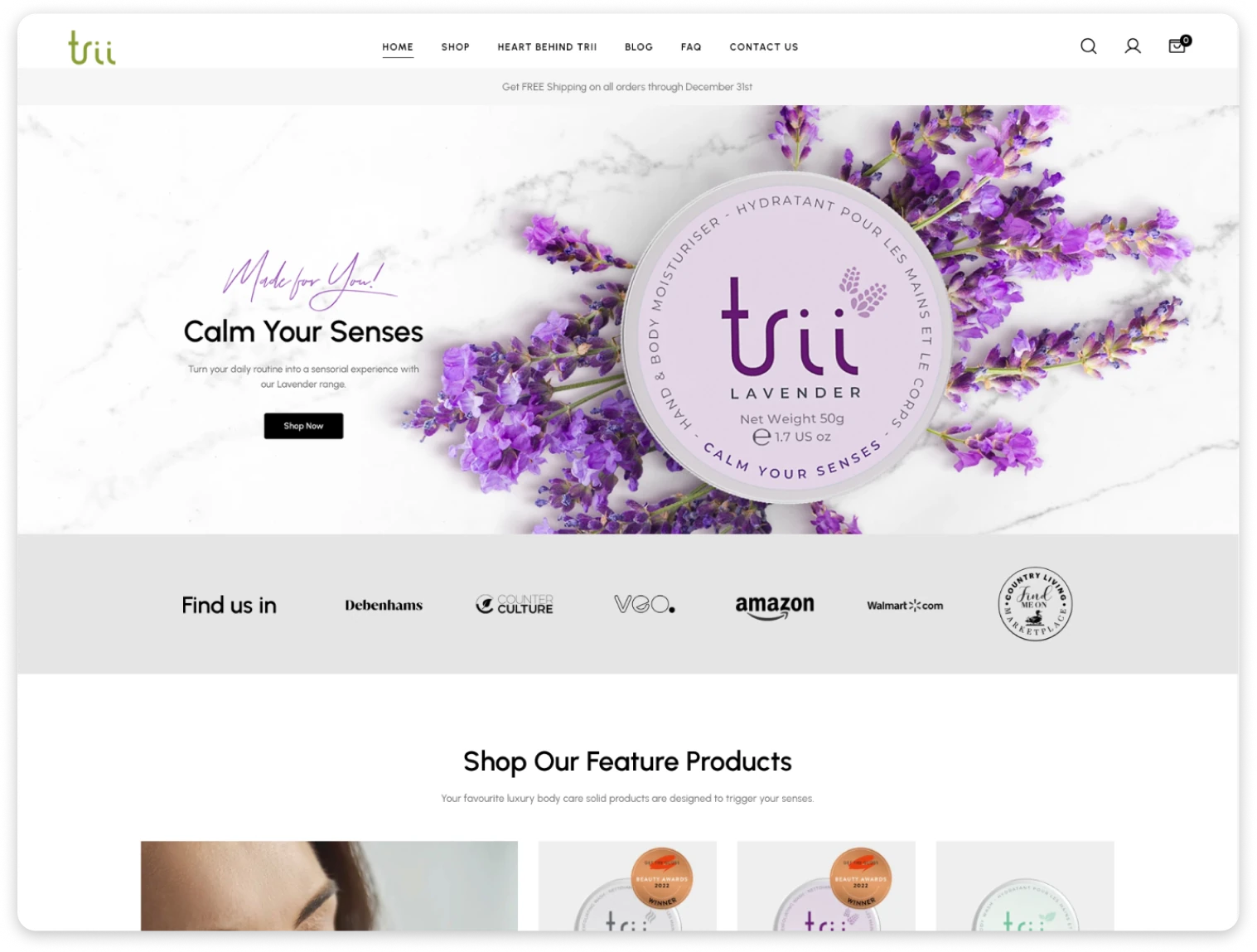 Trii homepage screenshot showing the main landing page for solid body care products.