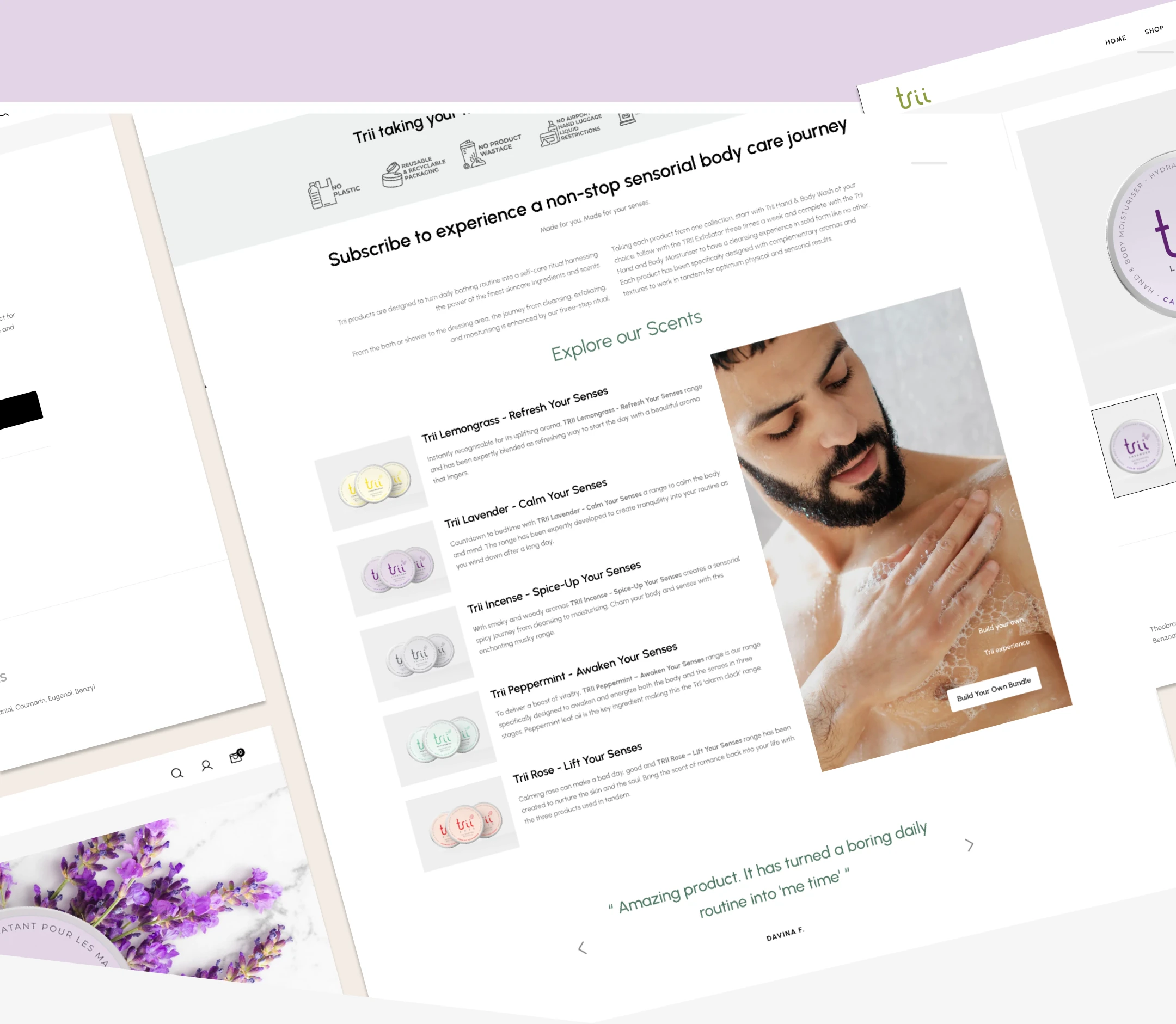 Trii website design focusing on body care products in various scents.