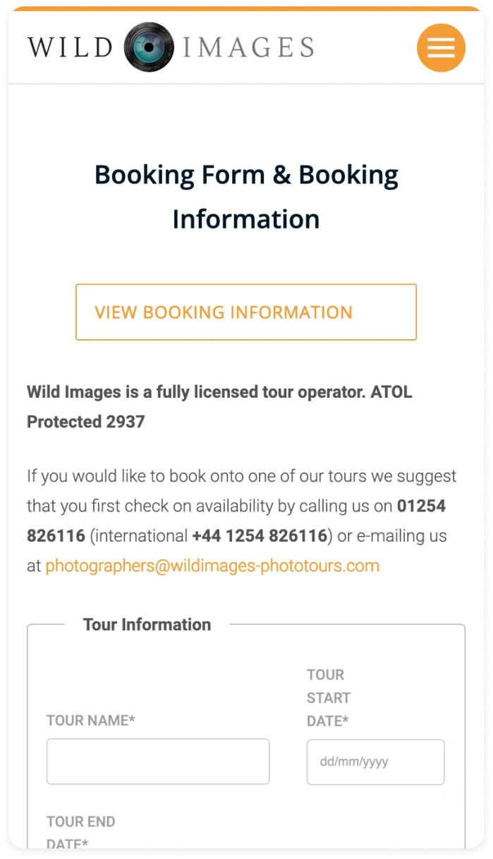 Screenshot demonstrating the online booking interface for Wild Images tours.