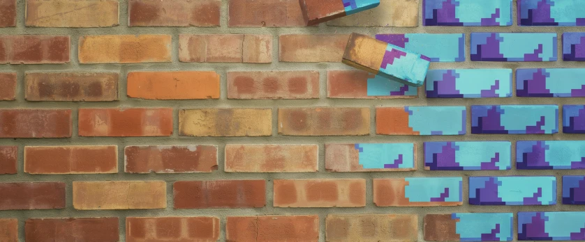 Illustration of a red brick wall in stretcher bond, with realistic weathered brickwork on the left gradually breaking apart into chunky 8-bit pixel blocks in Commodore 64 blues and purples on the right.