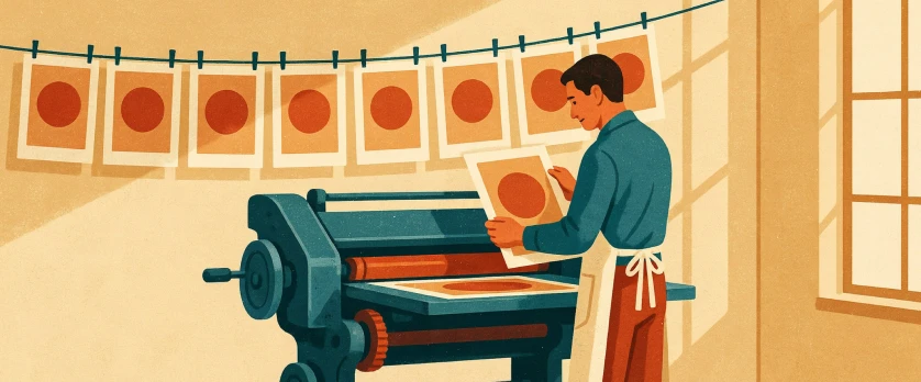 Mid-century style illustration of a printer in a sunlit print studio, checking a freshly pulled poster at a teal printing press while a row of identical orange circle prints hangs drying on a line behind him.