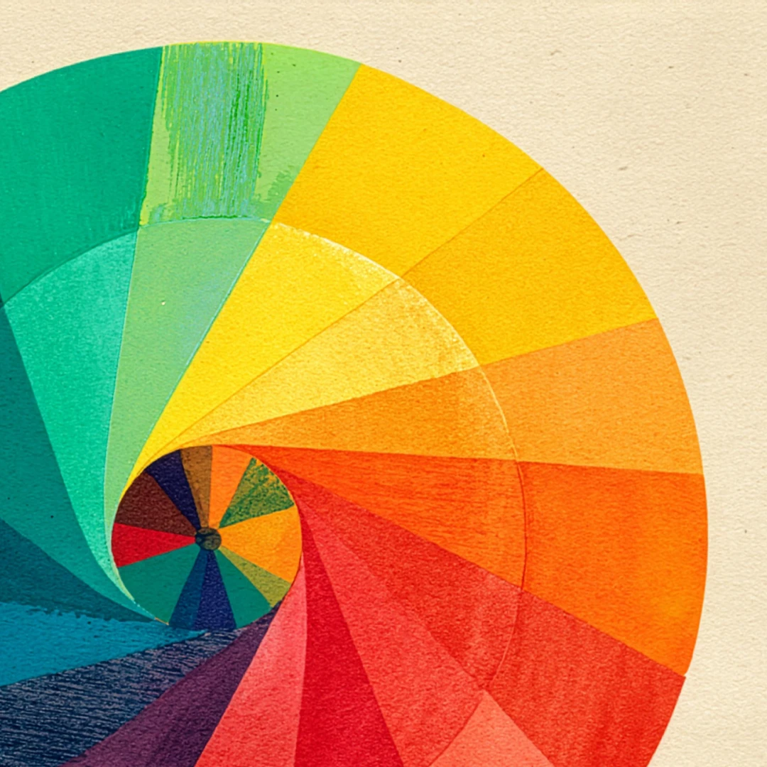 Colour psychology wheel spiralling through blue, green, yellow, orange and red hues, illustrating how colour in web design shapes user emotion and behaviour.