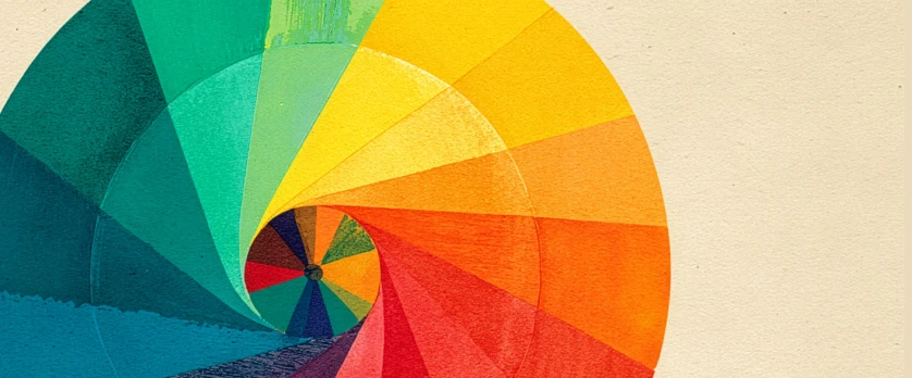 Colour psychology wheel spiralling through blue, green, yellow, orange and red hues, illustrating how colour in web design shapes user emotion and behaviour.