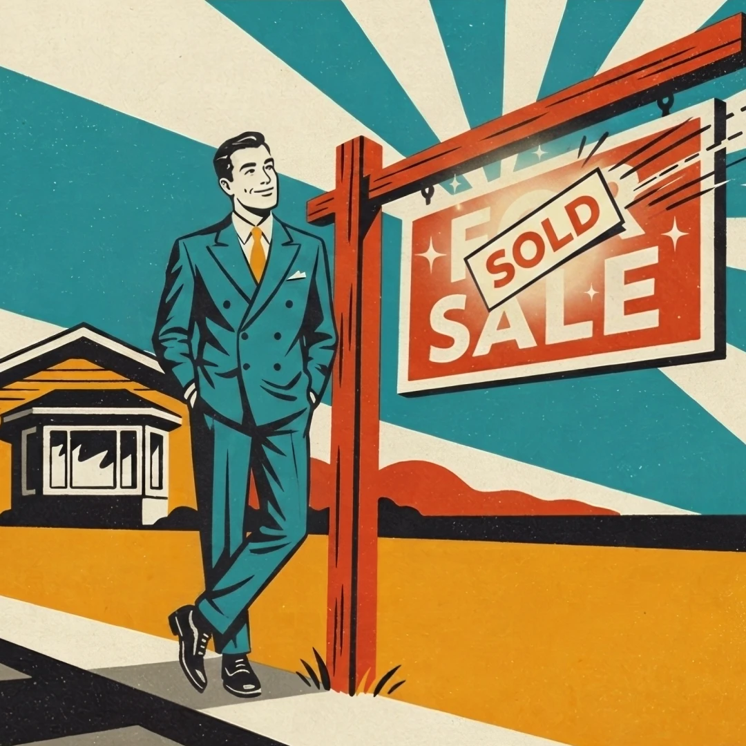 Estate agent watching a SOLD slip fix itself to a For Sale board, illustrating automated board updates, in 1950s poster style.