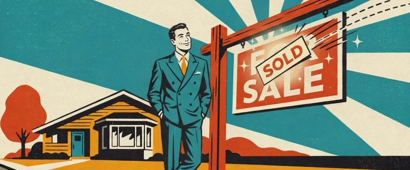 Estate agent watching a SOLD slip fix itself to a For Sale board, illustrating automated board updates, in 1950s poster style.