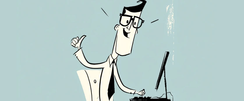 10:34Claude responded: Cartoon illustration of a smiling man in glasses, shirt and tie sitting at a desk, giving a thumbs up while typing on a keyboard in front of a monitor, against…Cartoon illustration of a smiling man in glasses, shirt and tie sitting at a desk, giving a thumbs up while typing on a keyboard in front of a monitor, against a pale blue background.