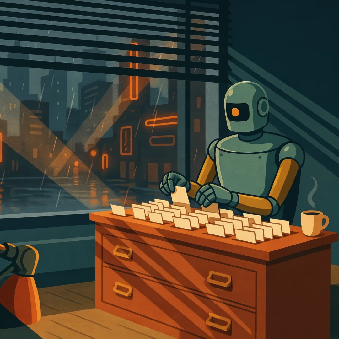 Retro 1950s style illustration of an android sorting index cards at a filing cabinet in a rain-lit noir office, representing AI agent memory curation.