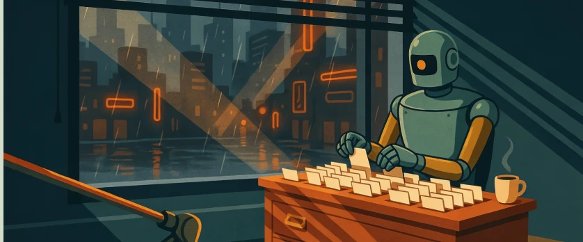 Retro 1950s style illustration of an android sorting index cards at a filing cabinet in a rain-lit noir office, representing AI agent memory curation.