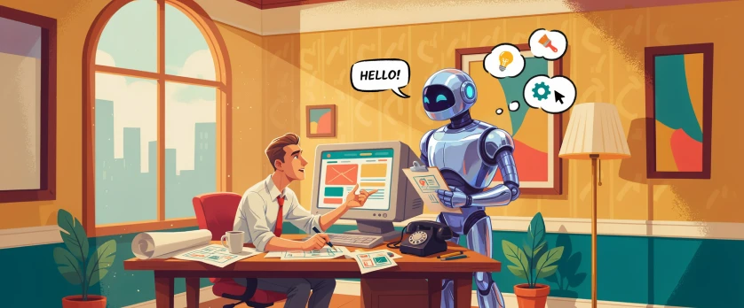 Illustration of a web designer at his desk discussing website layout designs with a friendly AI robot assistant, representing human creative direction and AI collaboration in web design.